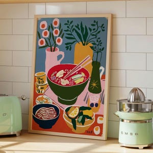 Japanese Ramen Art Print, Vibrant Kitchen Wall Decor, Foodie Gift Idea, Asian Cuisine Poster, Modern Food Illustration, Kitchen Gift