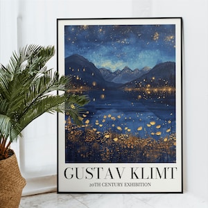 Framed Gustav Klimt Inspired Poster, Scenic Night Landscape, Blue & Gold Hues, 20th Century Exhibition Art Print, Elegant Wall Decor