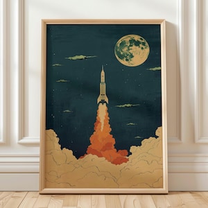 Vintage Rocket Ship Art Print, Retro Space Launch Poster, Mid Century Modern Nursery Decor, Moon and Stars Wall Art, Spaceship Illustration