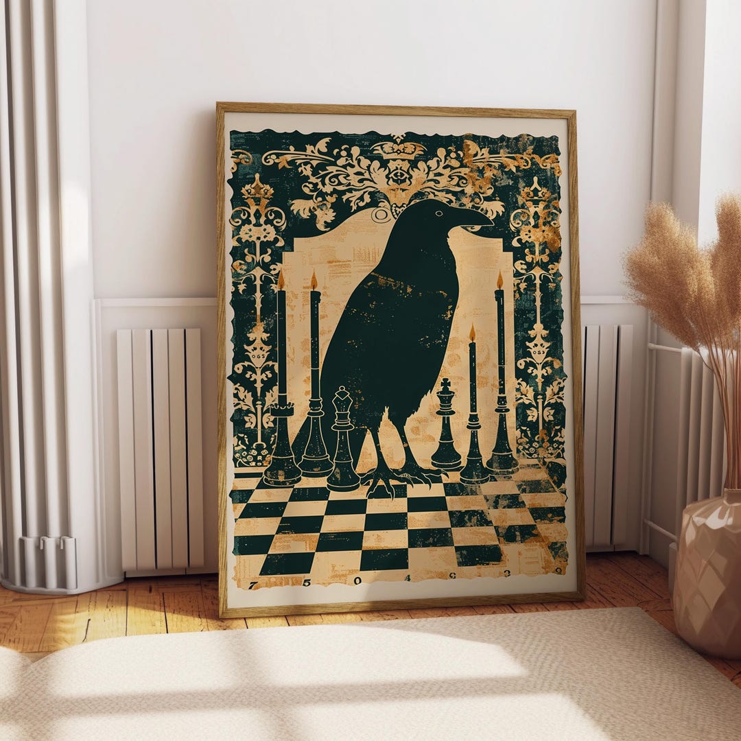 Gothic Raven Chess Print, Dark Academia Crow Illustration, Victorian ...