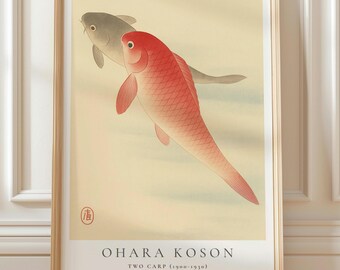 Japanischer Koi-Kunstdruck im Holzschnittstil von Ohara Koson | Archivpapier | Verschiedene Größen