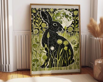 Rabbit Moon Linocut Print, Woodland Cottagecore Wall Art, Nature Folk Decor