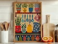 Colorful Kitchen Wall Art, Scandinavian Folk Art Print, Potted Plants & Mugs Illustration, Kitchen Decor, Floral Poster, Shelf and Flowers