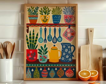 Colorful Kitchen Wall Art, Scandinavian Folk Art Print, Potted Plants & Mugs Illustration, Kitchen Decor, Floral Poster, Shelf and Flowers
