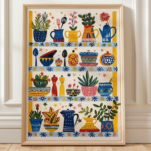 Colorful Kitchen Shelfie Art Print, Whimsical Pottery Illustration