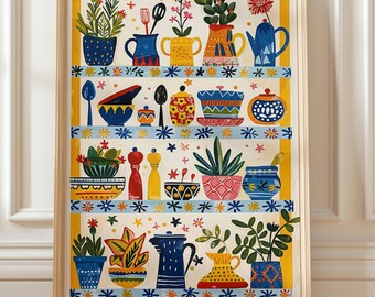 Folk Art Kitchen Wall Print, Whimsical Pottery | Colorful Plants | Yellow and Blue