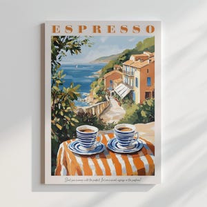 May include: A painting of a coastal town with two cups of espresso on a striped table. The text "ESPRESSO" is at the top of the painting. The text "Just your average day with the perfect brew for an amazing espresso in the beautiful" is at the bottom of the painting.