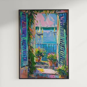 May include: A colorful painting of a window with open shutters looking out onto a blue body of water with sailboats. The window is framed by lush green vines and potted plants.