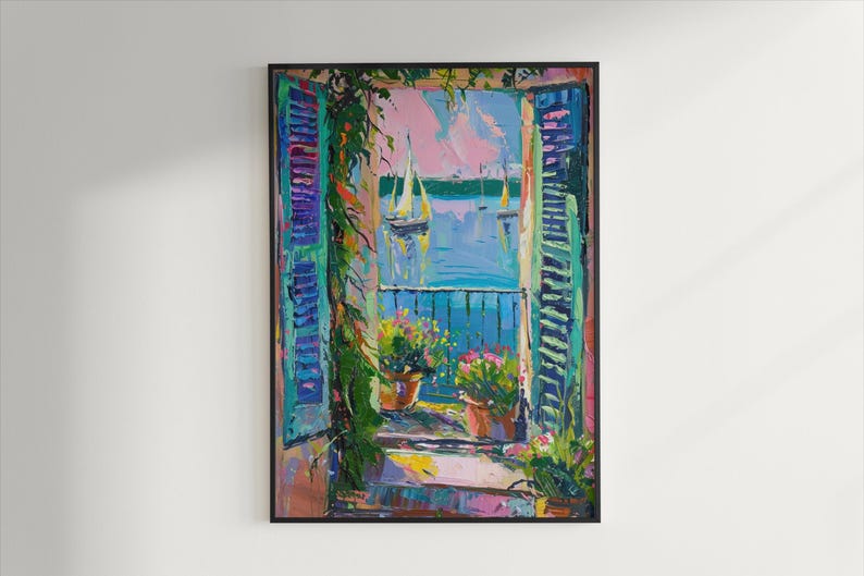 May include: A colorful painting of a window with open shutters looking out onto a blue body of water with sailboats. The window is framed by lush green vines and potted plants.