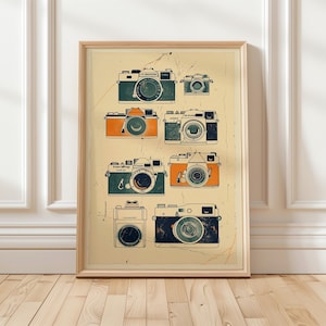 May include: A framed print featuring a collection of vintage cameras in various colors, including teal, orange, and black. The cameras are arranged on a beige background, with a wooden frame. The print has a retro aesthetic.