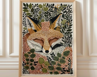 Fox Print, Folk Art Animal - Woodland Scene, Green Leaves | Archival Matte Paper | Multiple Sizes