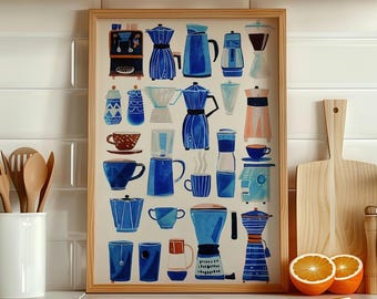 Coffee Maker Print, Kitchen Wall Art, Blue Illustration, Coffee Lover Gift