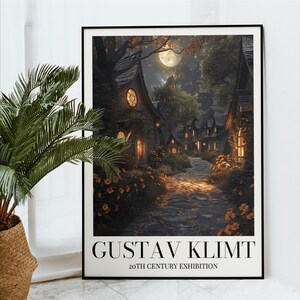 Rustic Home Decor - Moonlit Cottage Village Poster - Klimt Inspired Art Print