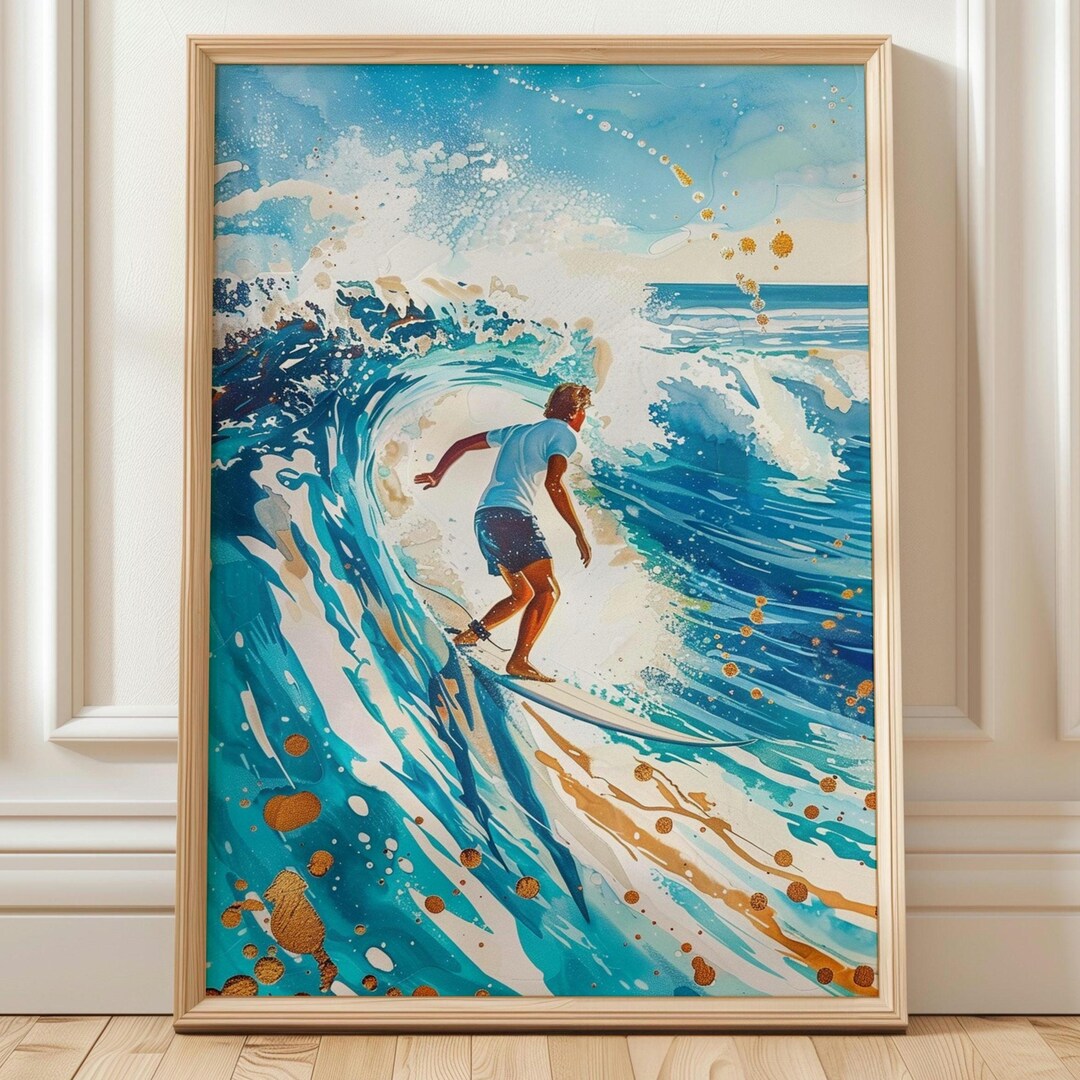 Abstract Surfer Wall Art, Coastal Home Decor, Large Blue Ocean