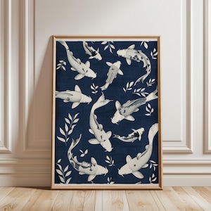 Koi Fish Wall Art Print, Japanese Navy Blue Poster, Asian Fish Pattern Decor, Elegant Pond Artwork for Bathroom Living Room Wall Decor