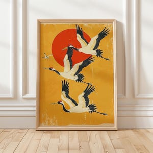 Japanese Crane Print, Red Sun Wall Art | Mustard Yellow | Ukiyo-e Style