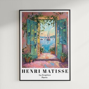 Henri Matisse window art, open shutters sea view print, Mediterranean coastal poster, colorful wall art, impressionist decor, coastal home decor, vibrant sea view print, modern wall art, boho coastal decor, sailboat and sea artwork