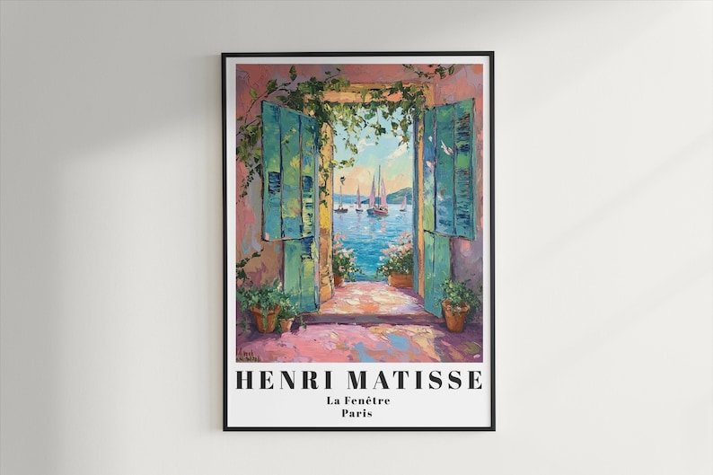 Henri Matisse window art, open shutters sea view print, Mediterranean coastal poster, colorful wall art, impressionist decor, coastal home decor, vibrant sea view print, modern wall art, boho coastal decor, sailboat and sea artwork