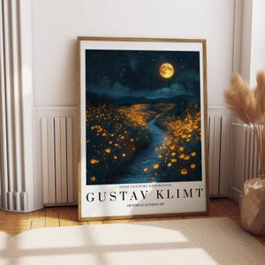 Gustav Klimt Poster Moonlit Path Art Print, Dreamy Golden Flower Field, 20th Century Exhibition Artwork, Home Wall Decor Gift Idea