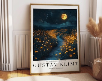 Gustav Klimt Poster Moonlit Path Art Print, Dreamy Golden Flower Field, 20th Century Exhibition Artwork, Home Wall Decor Gift Idea