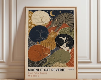 May include: A framed rectangular art print titled MOONLIT CAT REVERIE, Quiet Feline Dreams, 眠る猫たち, JAPAN. The illustration features seven cats in various colors including white, grey, black, orange, and green, sleeping against a dark blue night sky with a crescent moon and stars.