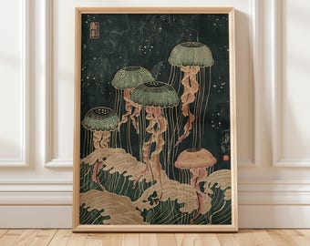 Jellyfish Art, Art Nouveau Poster, Dark Teal Jellyfish | Woodblock Ink Print | Coastal Wall Decor