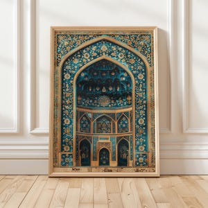 May include: Framed print featuring a detailed architectural design with teal and gold floral patterns. The artwork depicts an arched structure with intricate details, set against a teal background. The frame is a light wood color.