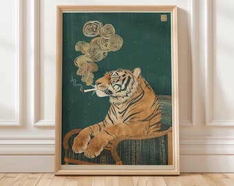 Retro-Tiger-Wandbild, Grün und Ocker | Vintage-Druck | Maximalistisches Dekor