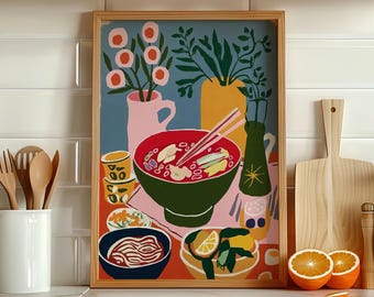 Japanese Ramen Art Print, Vibrant Kitchen Wall Decor, Foodie Gift Idea, Asian Cuisine Poster, Modern Food Illustration, Kitchen Gift