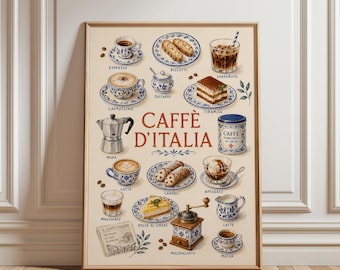 May include: A framed wall art print titled CAFFÈ D'ITALIA featuring illustrations of Italian coffee culture. It displays various coffee drinks, desserts like tiramisu and cannoli, a moka pot, a coffee grinder, and a sugar bowl in blue and white.