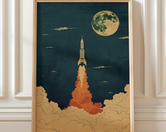 Vintage Rocket Ship Wall Art, Mid Century Modern | Navy & Orange | Museum Quality Print