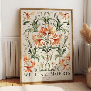 Estampe décorative à motif de chèvrefeuille, style botanique victorien | William Morris | Tons chauds orangés et verts
