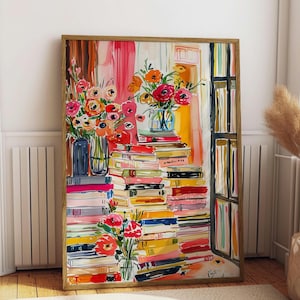 Book Art Print, Watercolor Floral Stack | Library Wall Decor | Reader Gift