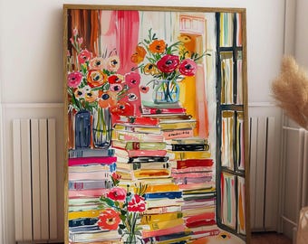 Book Art Print, Watercolor Floral Stack | Library Wall Decor | Reader Gift