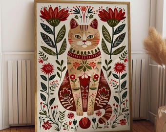 Wandbild mit Katzenmotiv, florales Folk-Design | Skandinavische Kinderzimmerdekoration