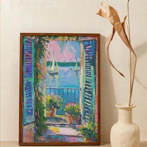 May include: A framed painting of a colorful view from a window with open shutters. The view shows a blue body of water with two sailboats and a balcony with potted plants.