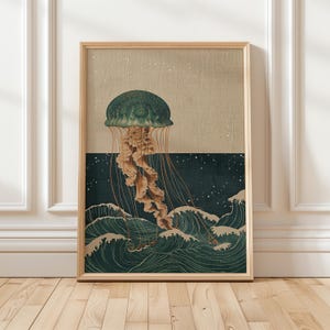 May include: A framed art print featuring a teal jellyfish with long, flowing tentacles, set against a backdrop of ocean waves. The artwork has a vintage aesthetic, with a color palette of teal, beige, and dark blue.
