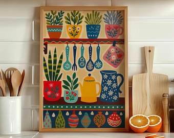 Colorful Kitchen Wall Art, Folk Art Potted Plants Print | Maximalist Eclectic Kitchen Decor, Housewarming Gift