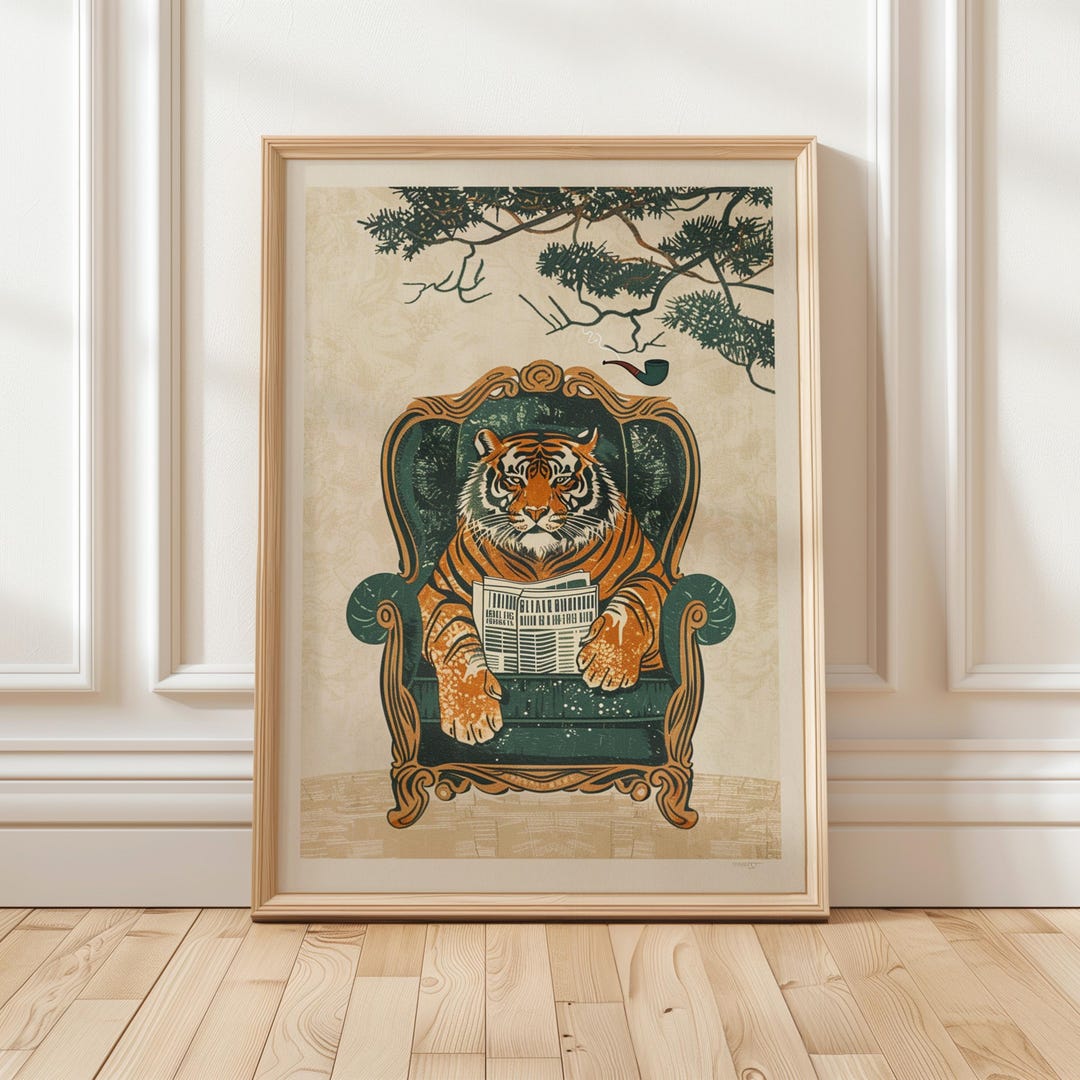 Tiger Wall Art, Vintage Reading Illustration | Mid Century | Green