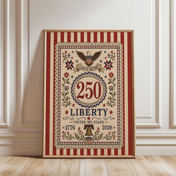 Quadro da parete con Campana della Libertà e Aquila / Poster patriottico America 250, stile punto croce