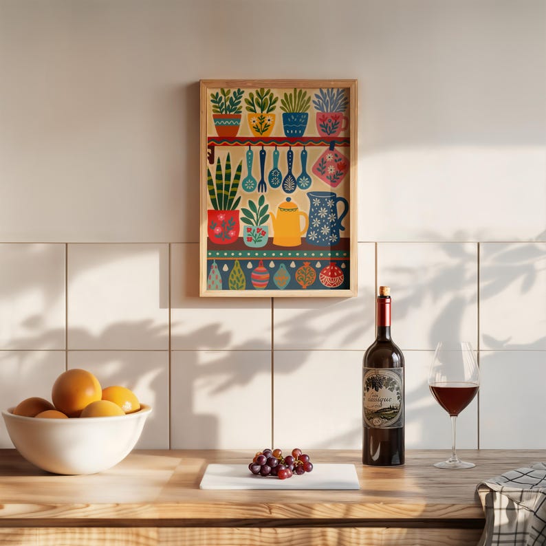 May include: A framed kitchen-themed art print featuring colorful potted plants, utensils, and a teapot. A bottle of red wine, a glass of wine, a bowl of oranges, and a bunch of grapes are on a wooden countertop.