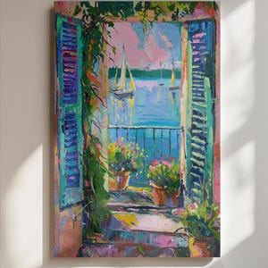 May include: A colorful oil painting of a window with open shutters looking out onto a blue body of water with sailboats. The window is framed by lush green vines and potted flowers.
