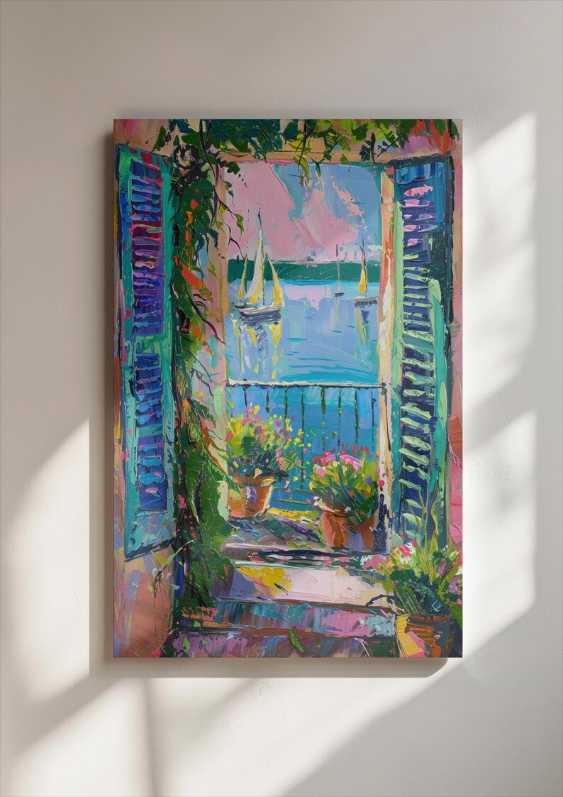 May include: A colorful oil painting of a window with open shutters looking out onto a blue body of water with sailboats. The window is framed by lush green vines and potted flowers.