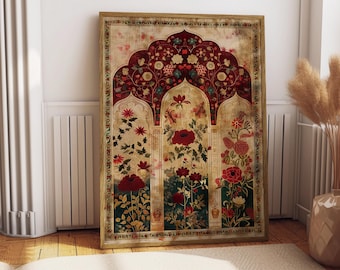 Boho Wall Art, Vintage Floral Arch Print | Red Indian Mughal Botanical Decor, Living Room Art
