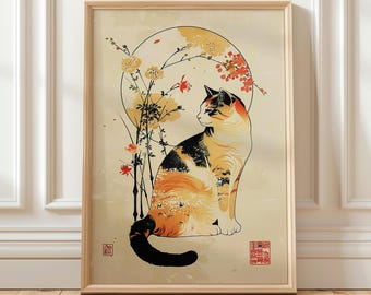 Japanese Cat Wall Art, Vintage Style Cat Illustration, Floral Japanese Art Print, Elegant Animal Wall Decor, Minimalist Home Art
