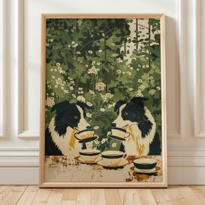 Border Collie Wall Art Print, Dog Tea Time Illustration, Vintage Botanical Poster, Cottagecore Kitchen Decor, Whimsical Animal Artwork
