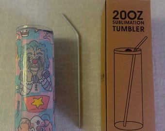 Botella de agua con vaso de 20 oz con pajita y diseño de payaso cósmico psicodélico y colorido espeluznante