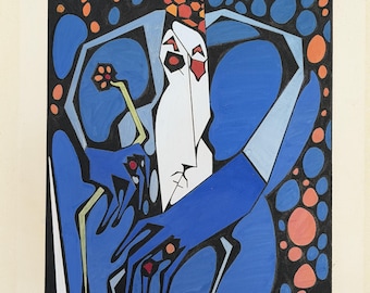Orig 1967 Mid-Century Modern Cubist Expressionist Painting Signed 1960's Abstract Watercolor
