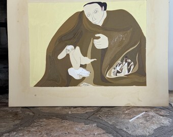 1967 Mid-Century Modern Figurative Surrealism Oil Painting – Earthy Cloaked Figure Art