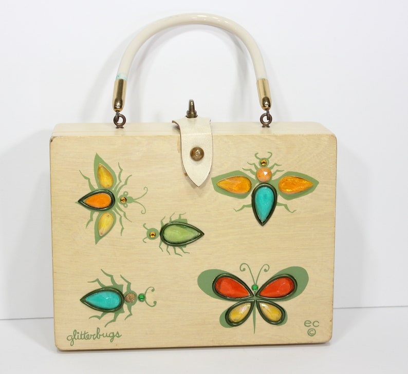 Vintage Enid Collins Wood Box Purse Glitter Bugs Jeweled Image 0